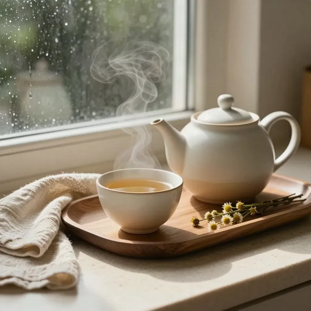 Chamomile tea on a limestone counter with steam, linen cloth, and dried stems by a rainy window.