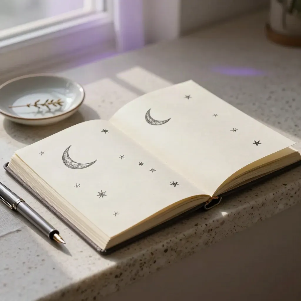 Dream journal pages with moon and star doodles, pen, ceramic dish, and dried sprig in soft morning light.