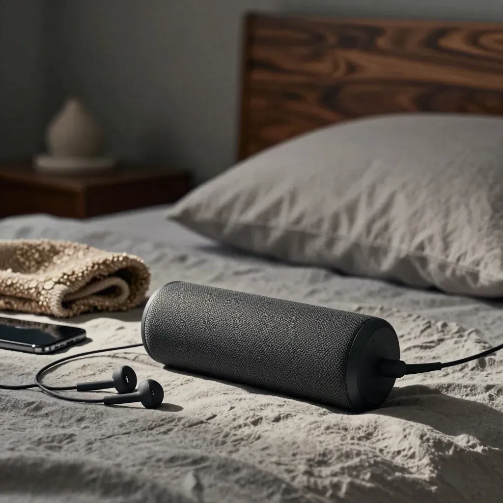 Speaker, earbuds, dark phone and folded blanket beside a pillow in moody bedside light.