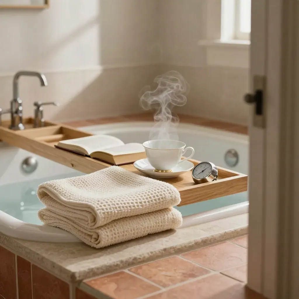 Bath tray with towel, paperback, teacup and timer in a steamy terracotta bathroom
