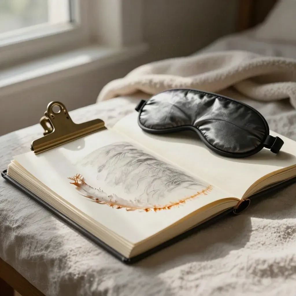 Open rest log journal with tea ring, brass clip, and sleep mask in warm window light.