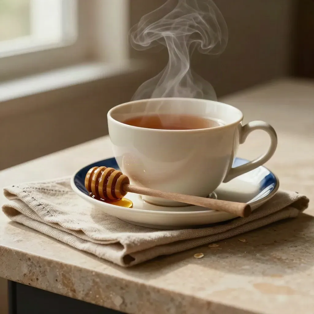 Steam rises from a ceramic tea cup with saucer, honey dipper, and folded linen on warm limestone.